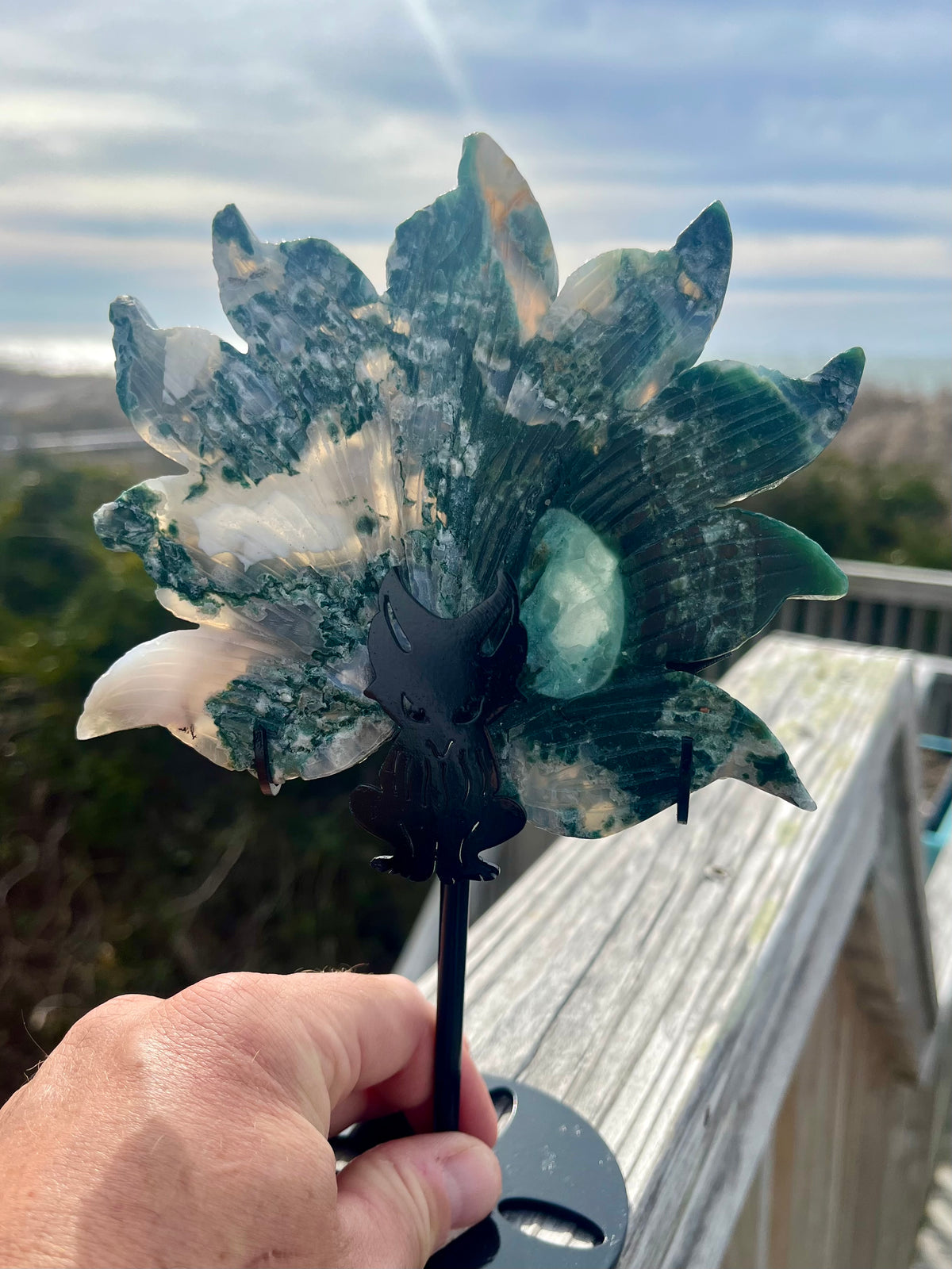 Moss Agate Lotus Cut with Stand