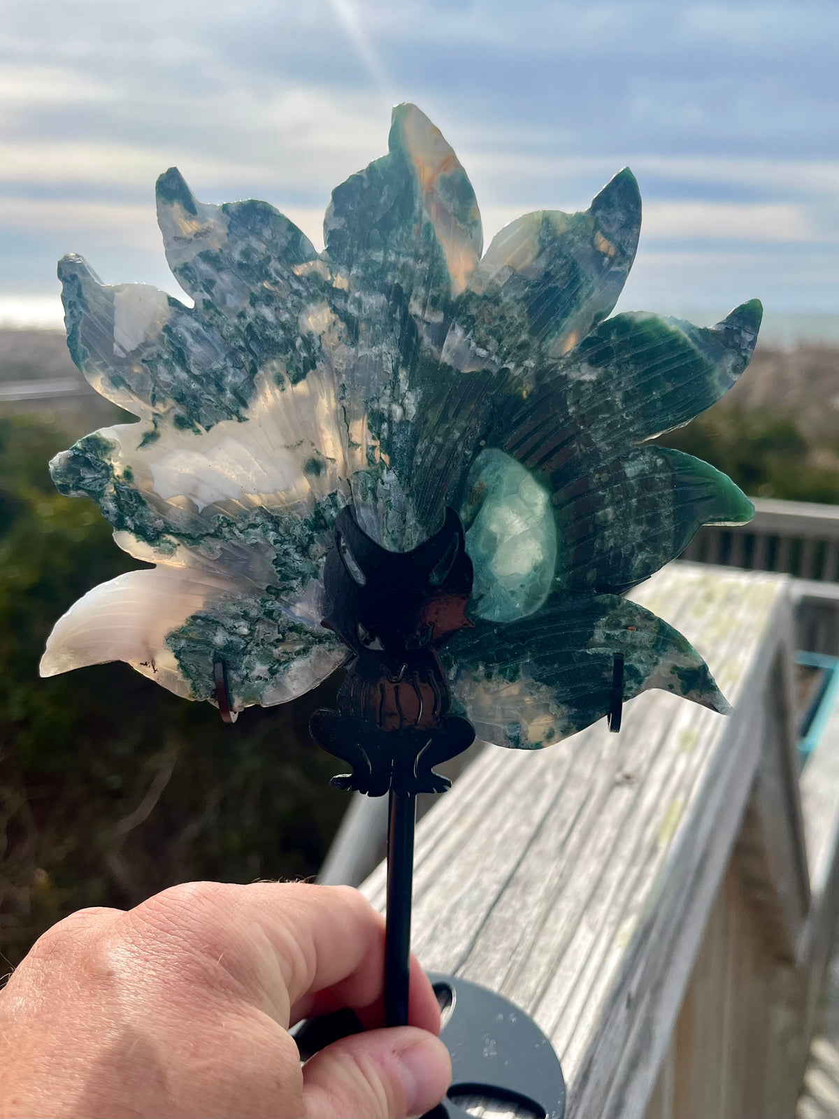Moss Agate Lotus Cut with Stand