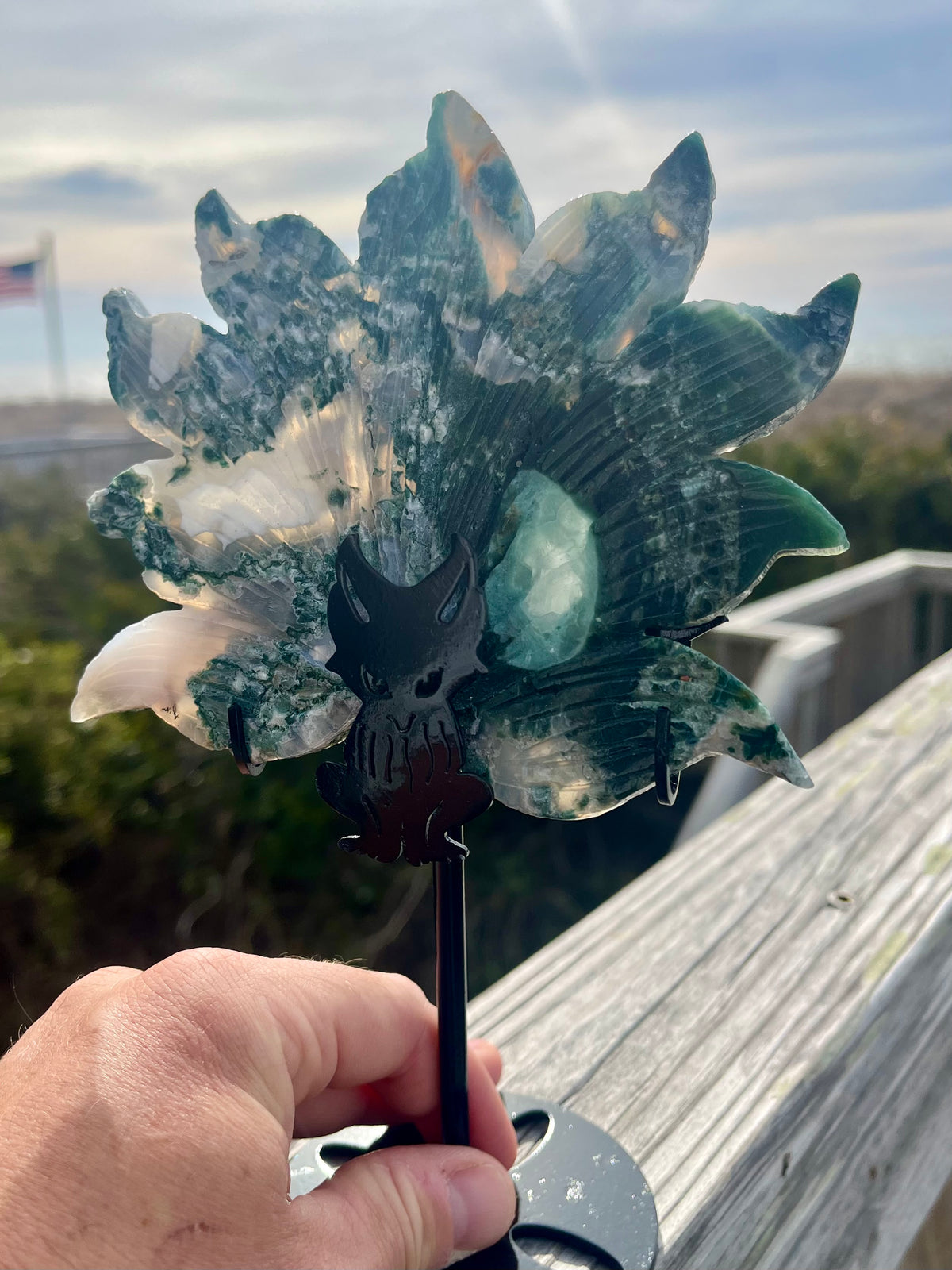 Moss Agate Lotus Cut with Stand